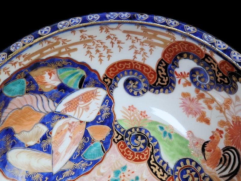 古伊万里　金襴手　流水にオシドリ　菊に尾長鳥の図　大鉢　D078AS-fbqm