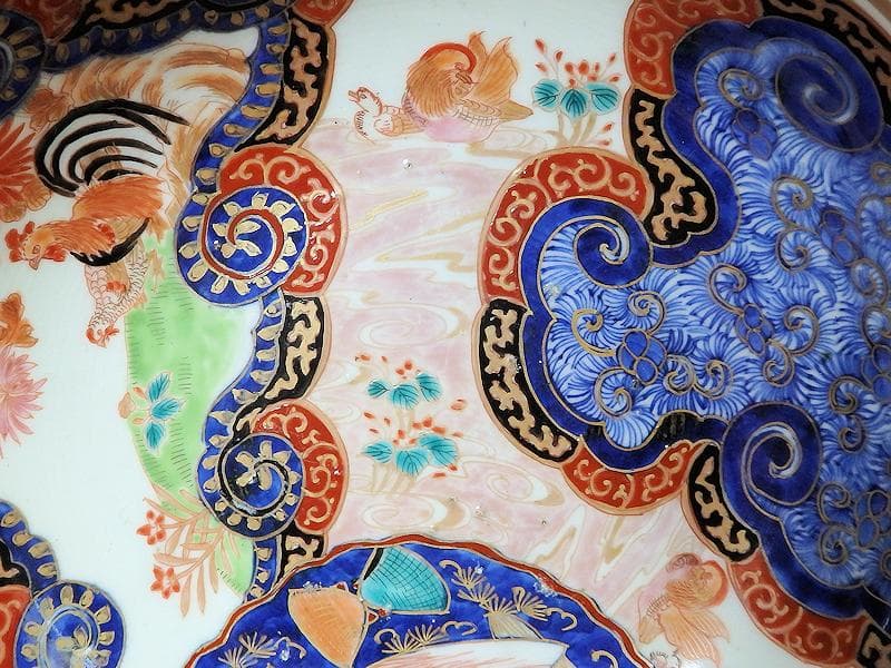 古伊万里　金襴手　流水にオシドリ　菊に尾長鳥の図　大鉢　D078AS-fbqm