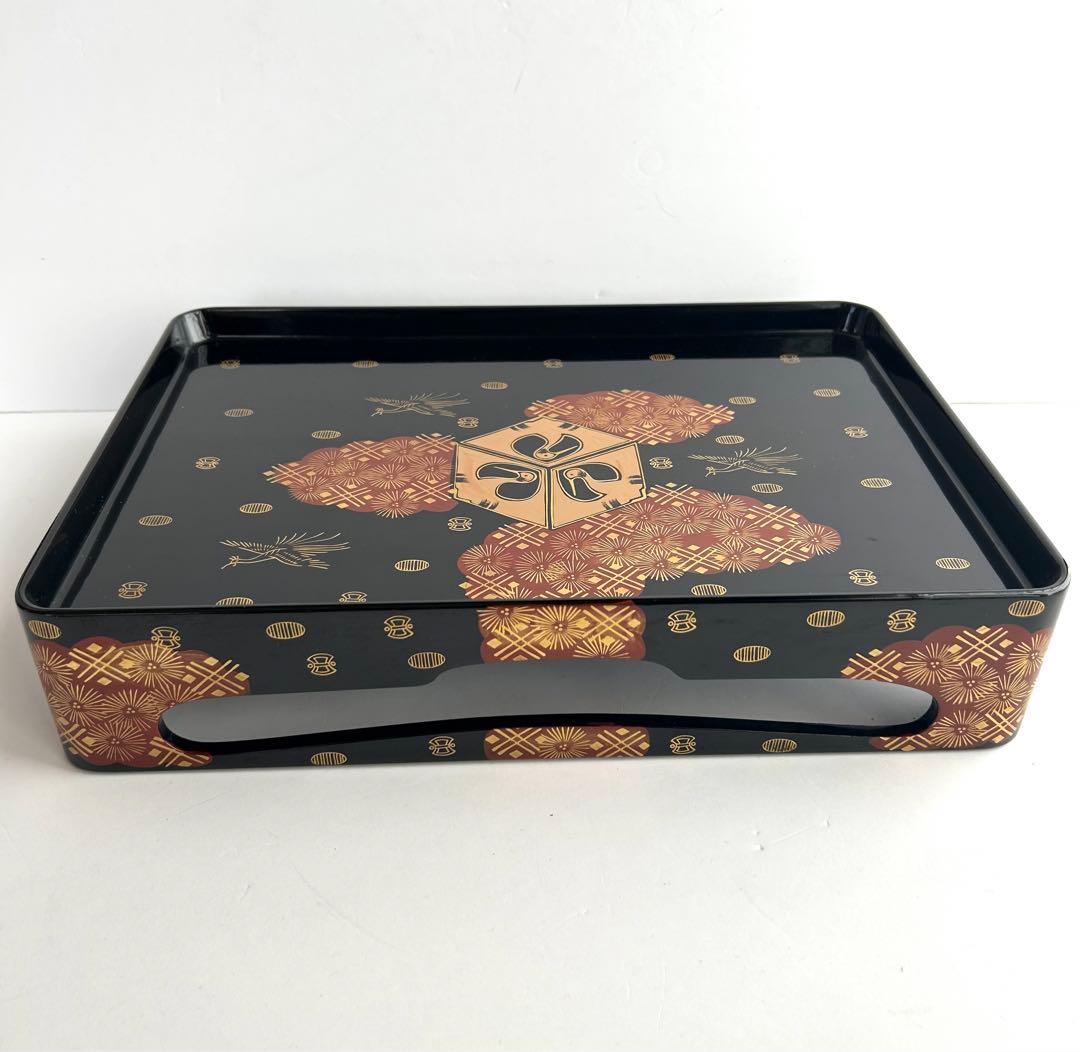 会津塗 黒塗 絵島型 四ツ揃 お屠蘇器 漆器セット 木箱入 金彩 鶴文様 松竹梅