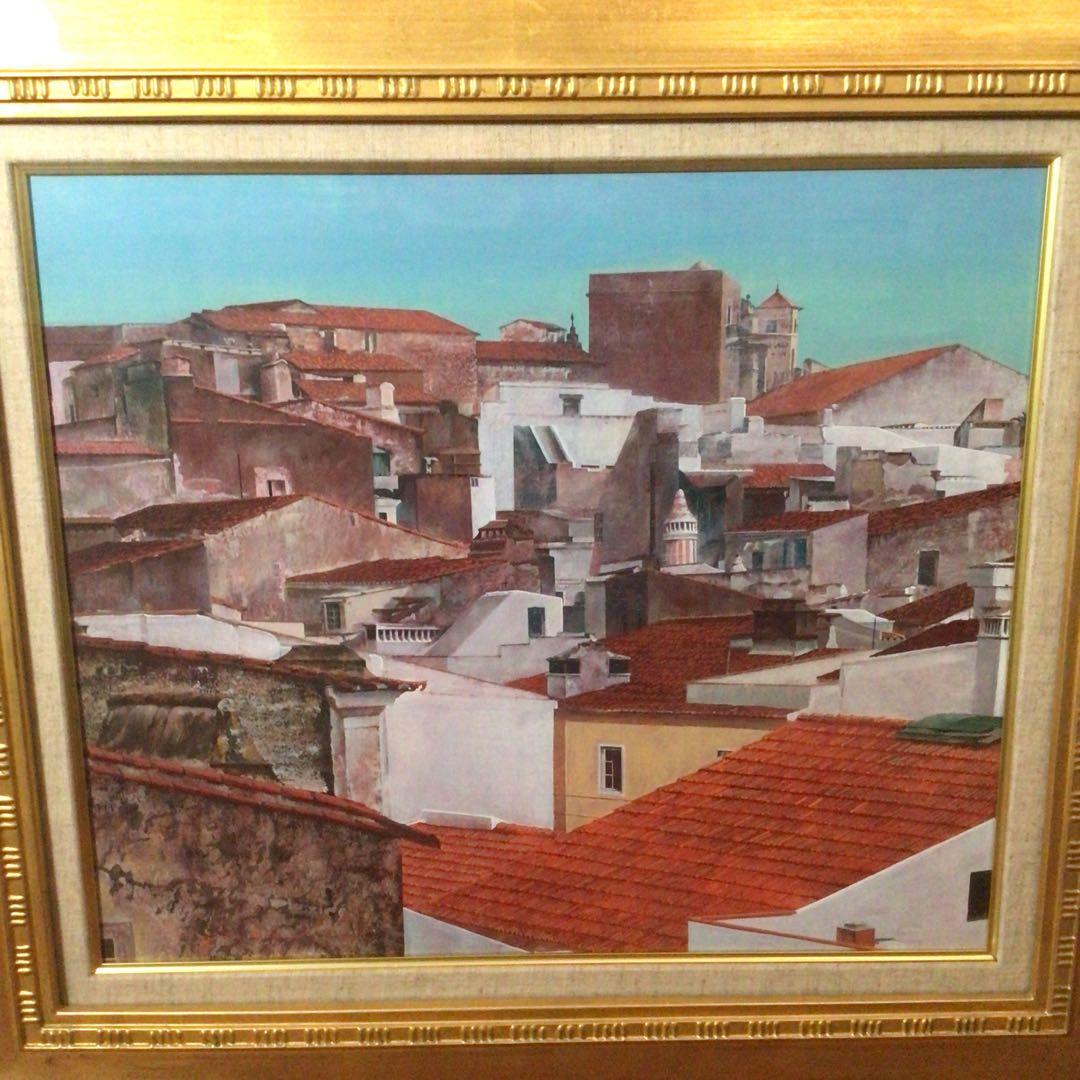 No2758 額装　井阪仁　「赤い屋根の風景」　黄袋共箱　日本画　琳派　送料無料