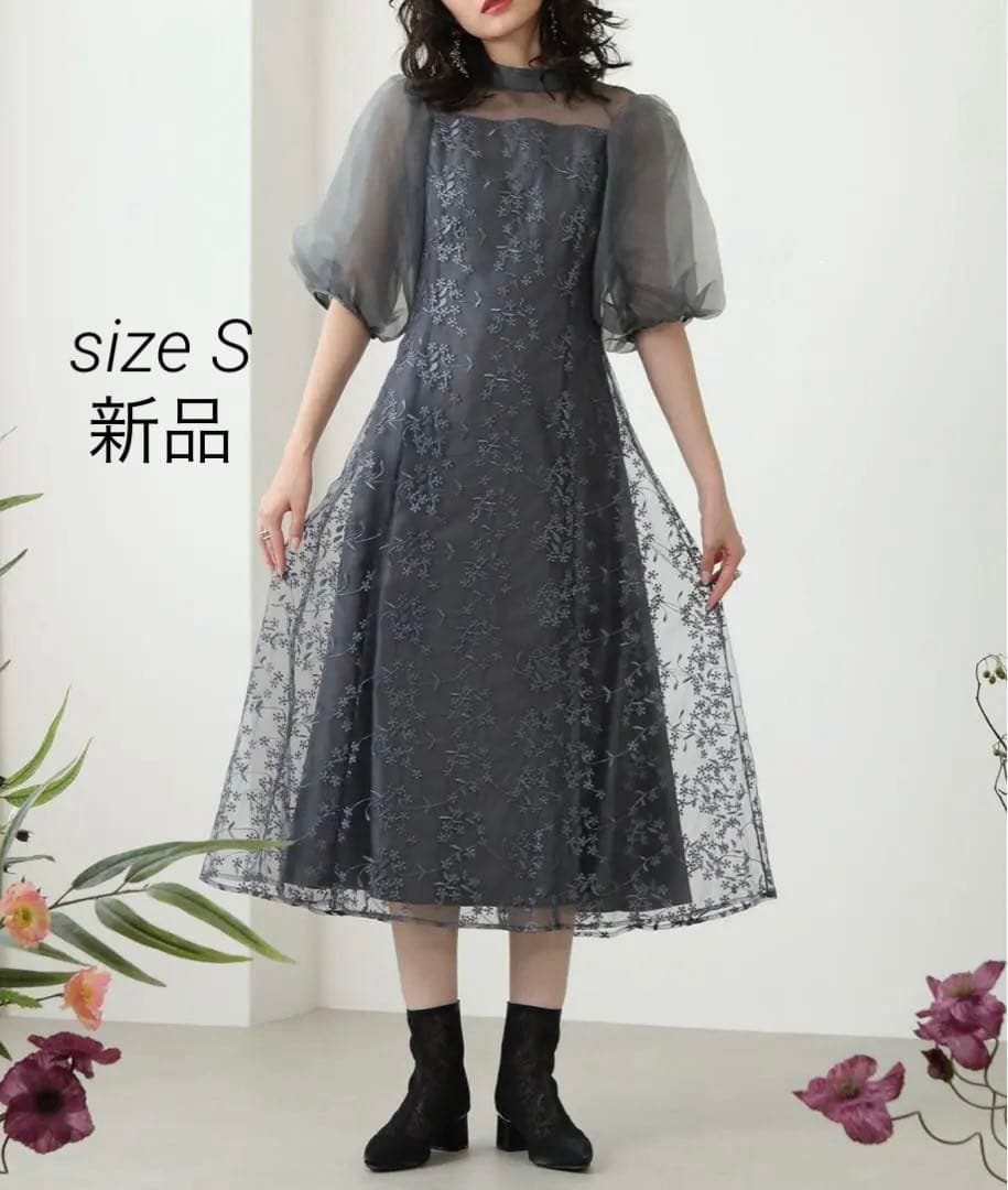 シアー素材 ボリューム袖 刺繍レース ワンピース パーティー ドレス 結婚式