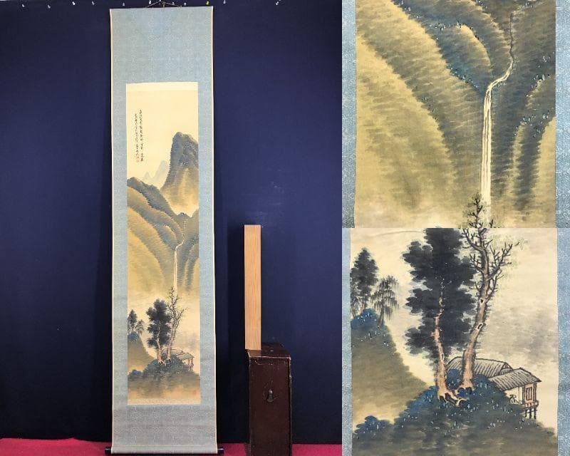 真作/武信籟山/滝山水画賛/青緑山水図/山水図/掛軸/名家伝来AH-583