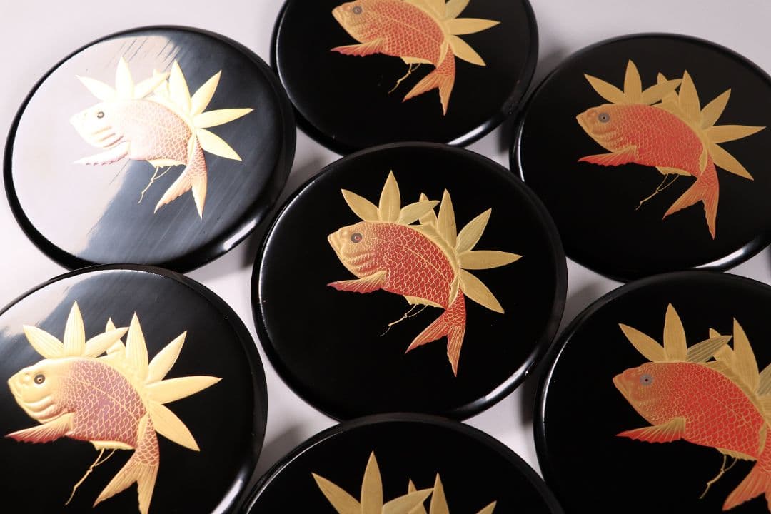 MA27 木製漆器 鍋形菓子椀 十客 鯛蒔絵 金蒔絵 色蒔絵 黒塗 木箱 魚