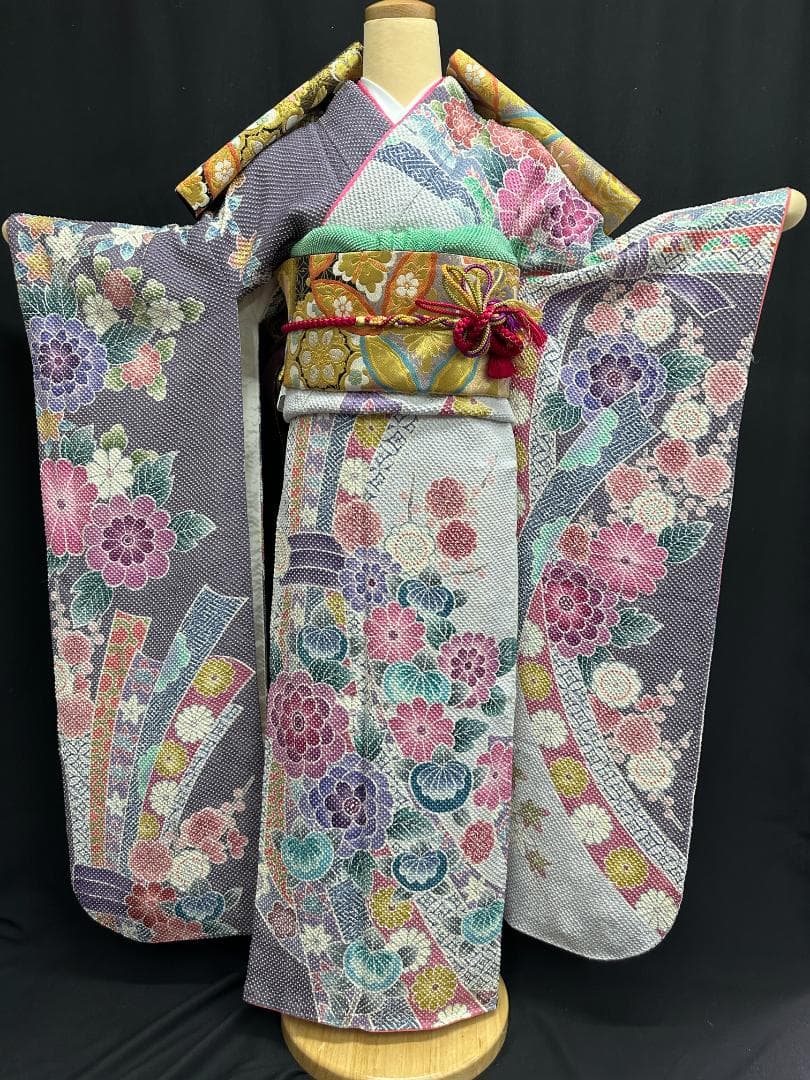 藤娘きぬたや 総絞り 薄紫系 熨斗柄 小紋バック振袖 フルセット 落款あり