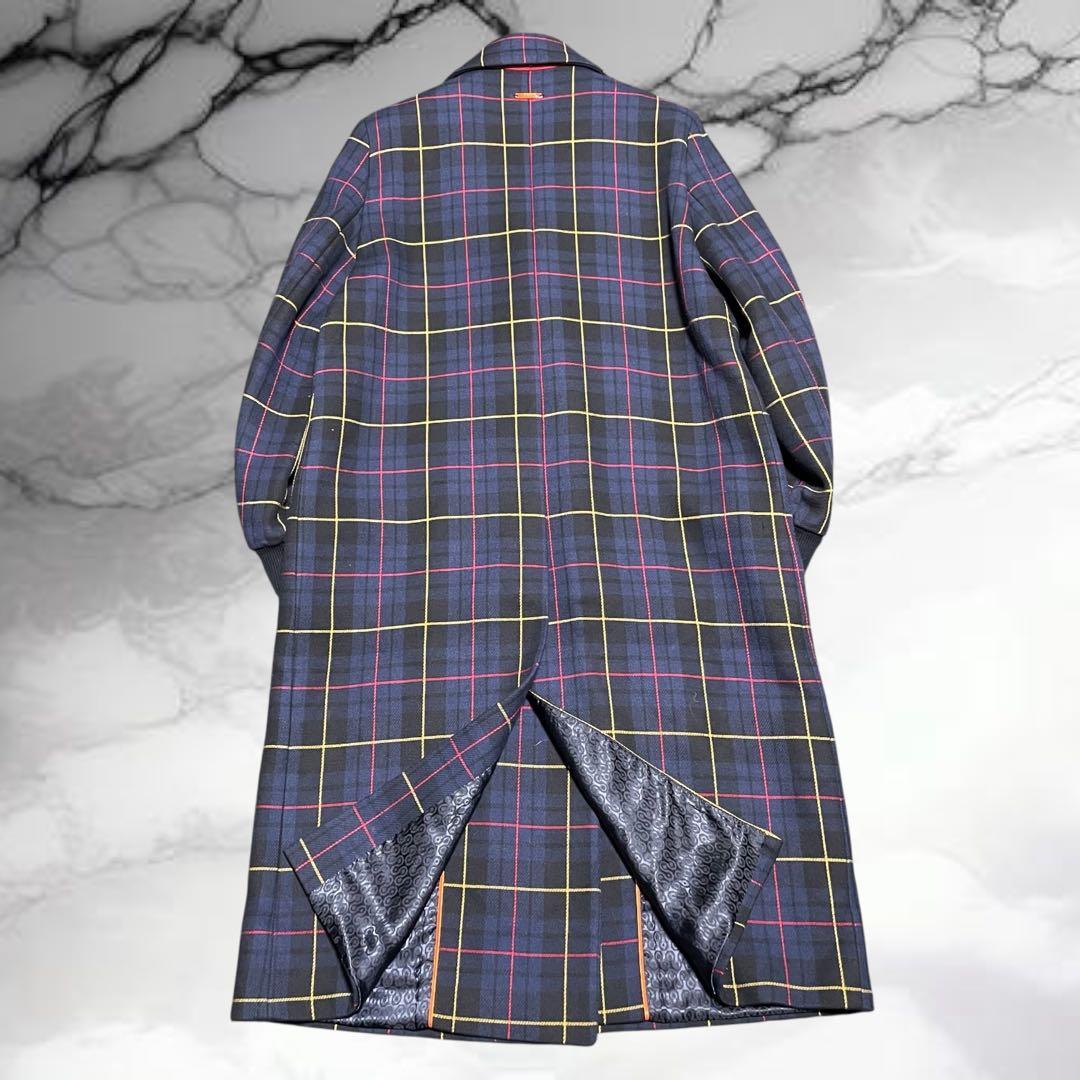 【メゾンレネール】美品チェック ダブル チェスター ロング エンブレム ネイビー