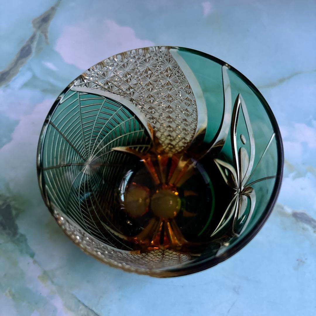 クリスタル江戸切子 流星 オールドグラス (琥珀緑)