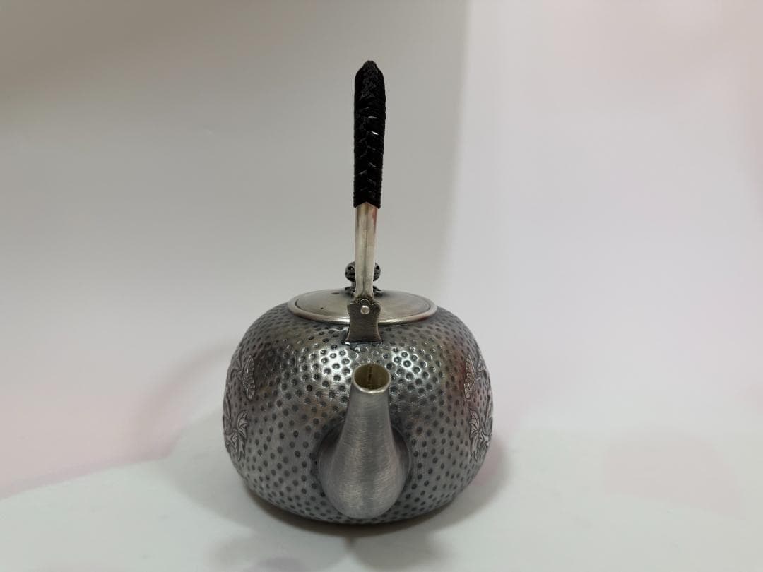 極上純銀製 牡丹文様 高工芸 湯沸 銀瓶 煎茶道具 重量1497g