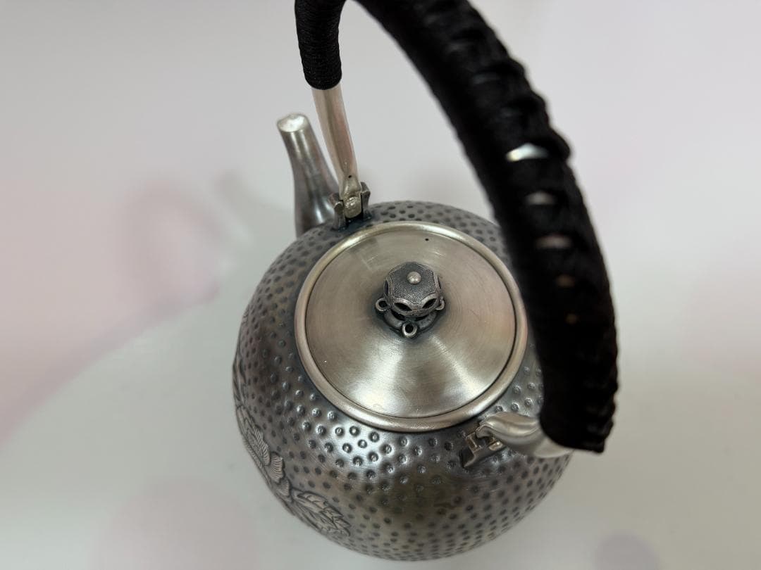 極上純銀製 牡丹文様 高工芸 湯沸 銀瓶 煎茶道具 重量1497g