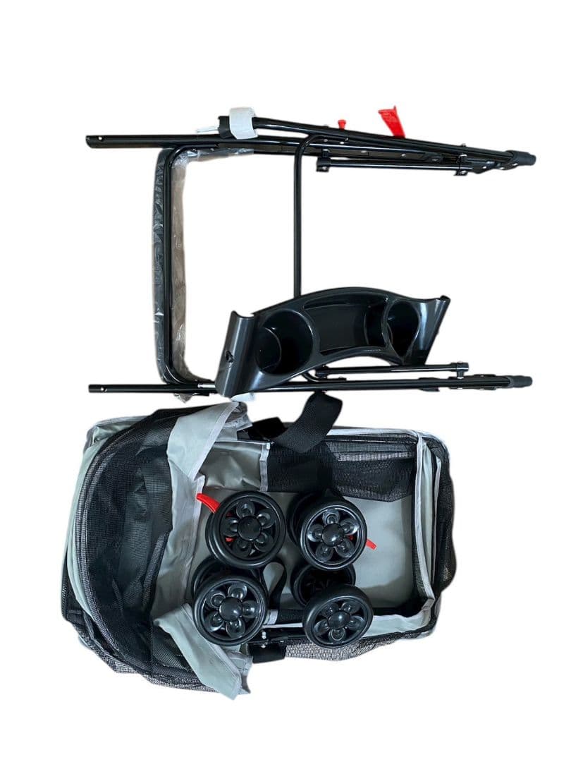 ペットカート グレー キャスター付き 犬用ベビーカー 組み立て簡単 軽量 通気性