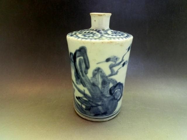 徳利■蛸唐草紋古伊万里染付山水図小徳利(江戸後期)古い酒器 水滴 時代物 骨董■