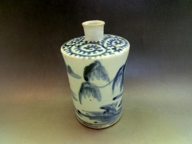 徳利■蛸唐草紋古伊万里染付山水図小徳利(江戸後期)古い酒器 水滴 時代物 骨董■