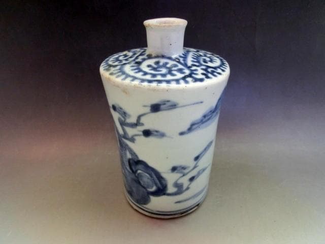 徳利■蛸唐草紋古伊万里染付山水図小徳利(江戸後期)古い酒器 水滴 時代物 骨董■