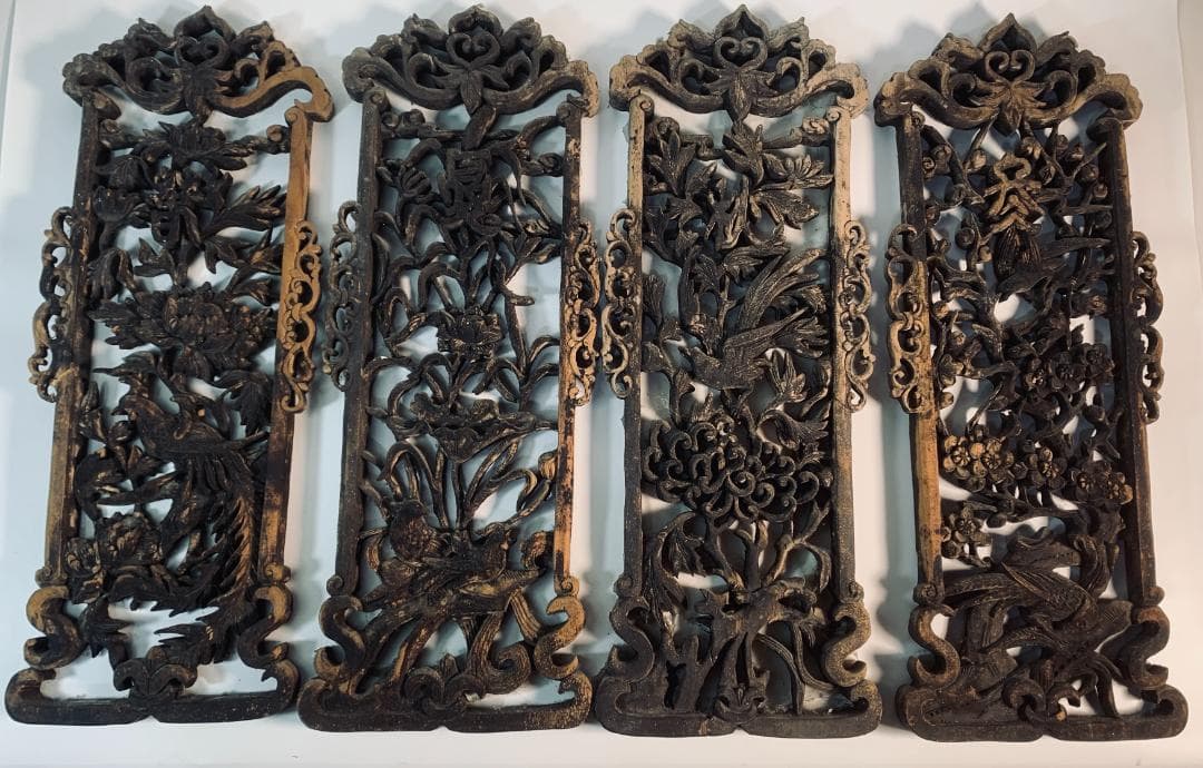 清代後期 木彫透かし飾板「春寿図」 鳥花文様清代後期〜民国初期頃の吉祥建具装飾