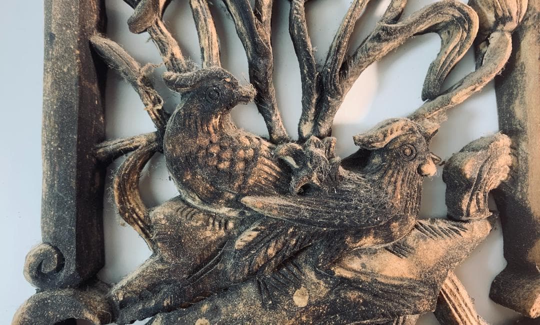 清代後期 木彫透かし飾板「春寿図」 鳥花文様清代後期〜民国初期頃の吉祥建具装飾