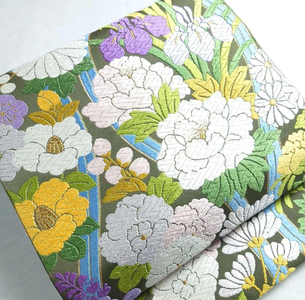 正絹 袋帯 六通柄 河合美術織物 四季の花 極上 逸品 未使用品