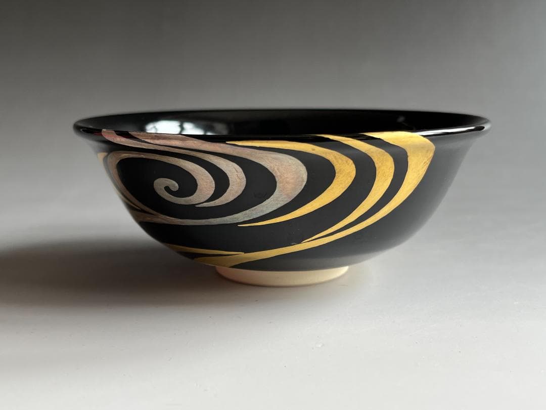 通次阿山　黒地　流水　茶碗　茶道具