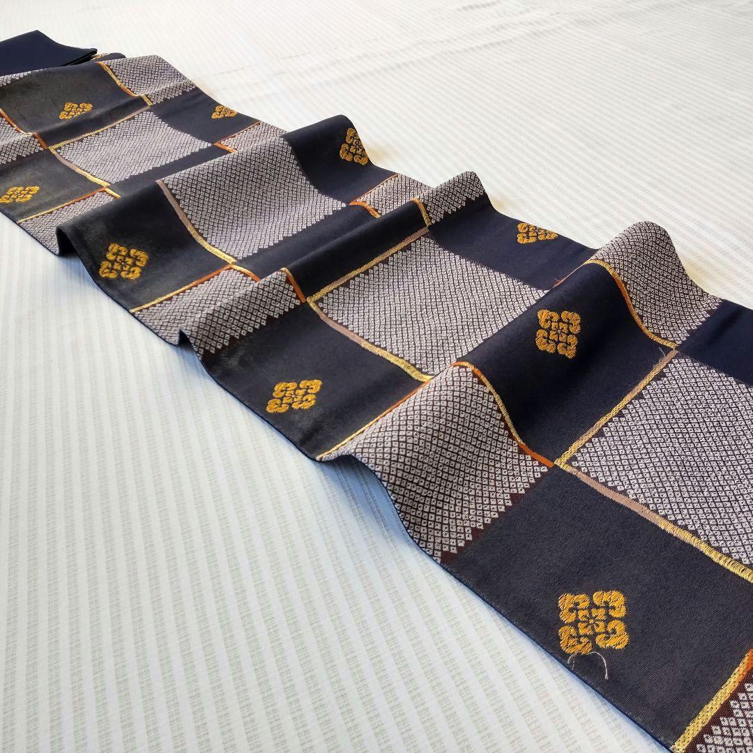 【洒落袋帯】一目惚れ級！黒地引箔×鹿子市松■天井鹿子文/粋モダン/424cm