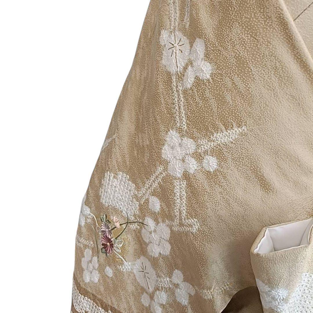 LULU81 着物 訪問着 袷 絞り 黄金色 雪輪 刺繍 花柄
