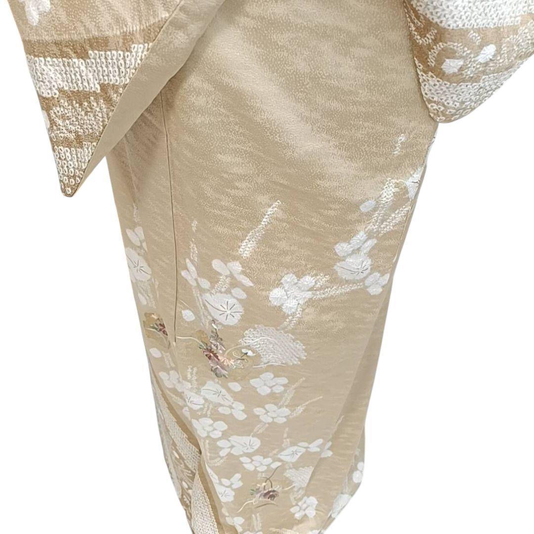 LULU81 着物 訪問着 袷 絞り 黄金色 雪輪 刺繍 花柄