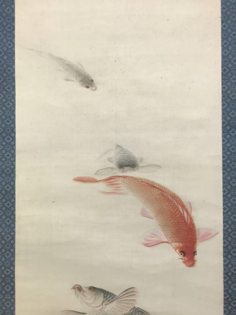 真作/上田陽愷/游鯉漆画/遊鯉図/鯉図/花鳥図/掛軸/名家伝来AE-385