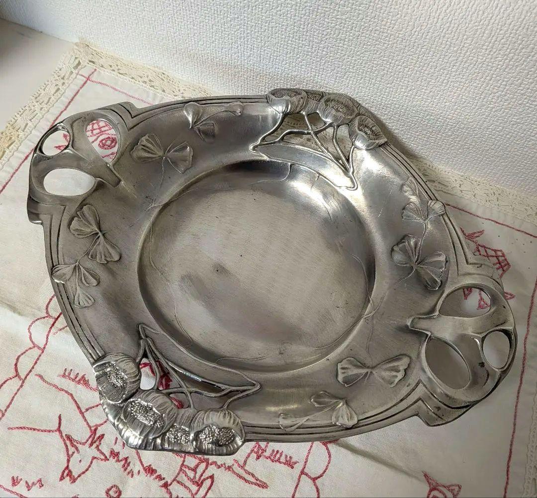 AUSTRIA 持ち手付きボウル トレー 皿 ポピー柄 透かし ピューター製