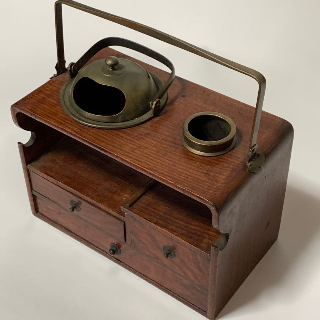 京都 時代物 欅製 銅手付小引出付 四方形 煙草盆 欅四方形莨盆 時代喫煙具