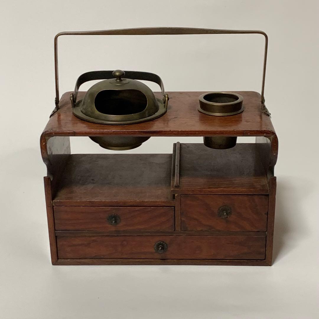 京都 時代物 欅製 銅手付小引出付 四方形 煙草盆 欅四方形莨盆 時代喫煙具