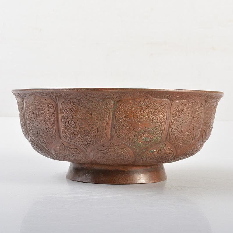 中国　古銅唐銅　鎚出　神獣文碗　C　7343E
