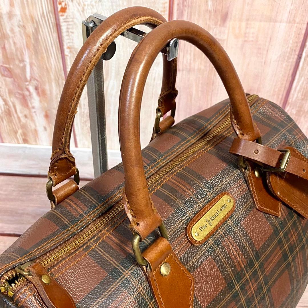 ポロラルフローレン　ミニボストンバッグ　ハンドバッグ　手提げ　レッド　チェック柄