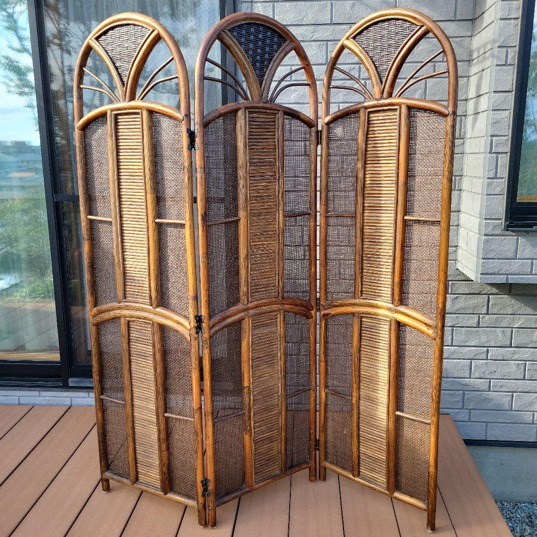 衝立 3連 ラタン パーテーション 籐家具 超美品 間仕切り アジアン レトロ
