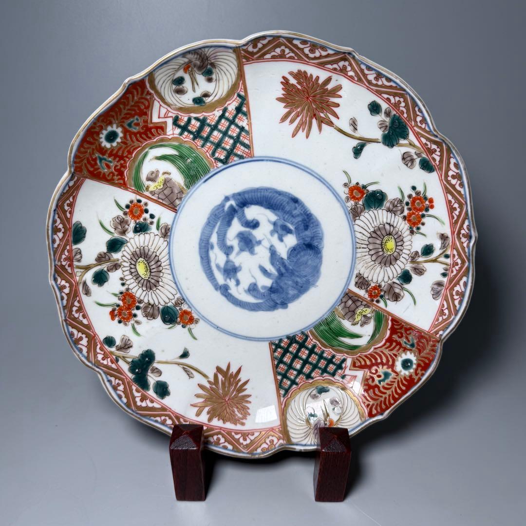 古伊万里　色絵七寸輪花形皿　冨貴長春　円龍　植物　鶴亀　直径21.6cm　江戸期