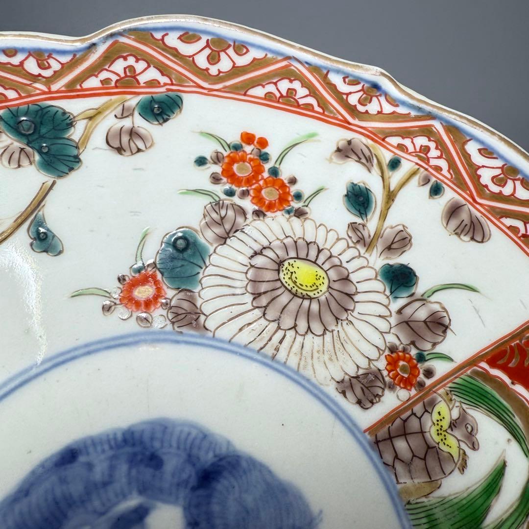 古伊万里　色絵七寸輪花形皿　冨貴長春　円龍　植物　鶴亀　直径21.6cm　江戸期