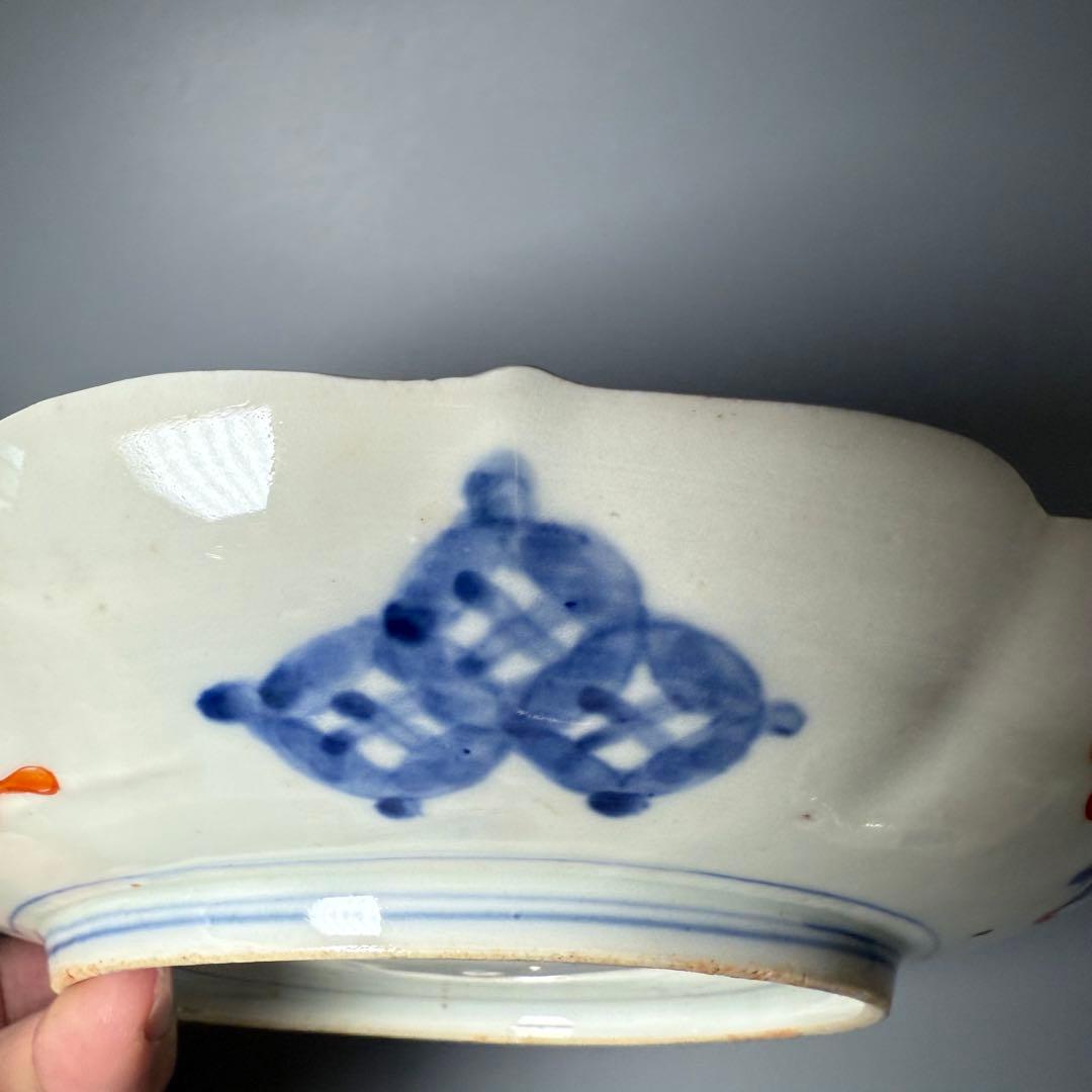 古伊万里　色絵七寸輪花形皿　冨貴長春　円龍　植物　鶴亀　直径21.6cm　江戸期