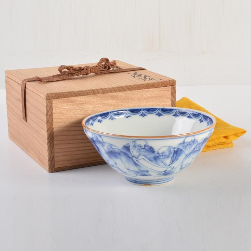 瀬戸焼　河本礫亭作　染付　寿老文茶碗　共箱　V　6680