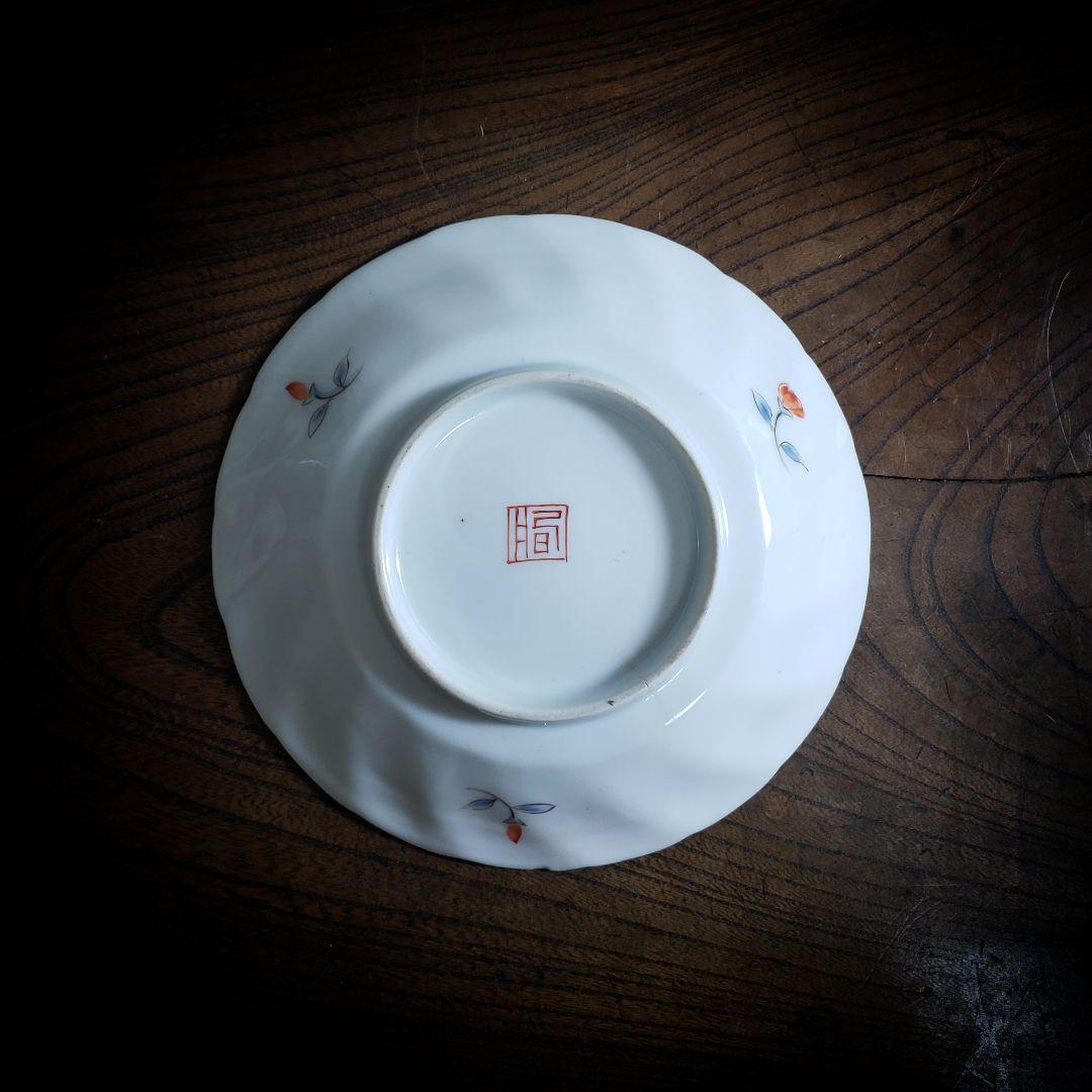 色絵付　皿　鳳凰　ねじり花弁縁　古伊万里　花文　唐草　銘　窯傷　ハ号