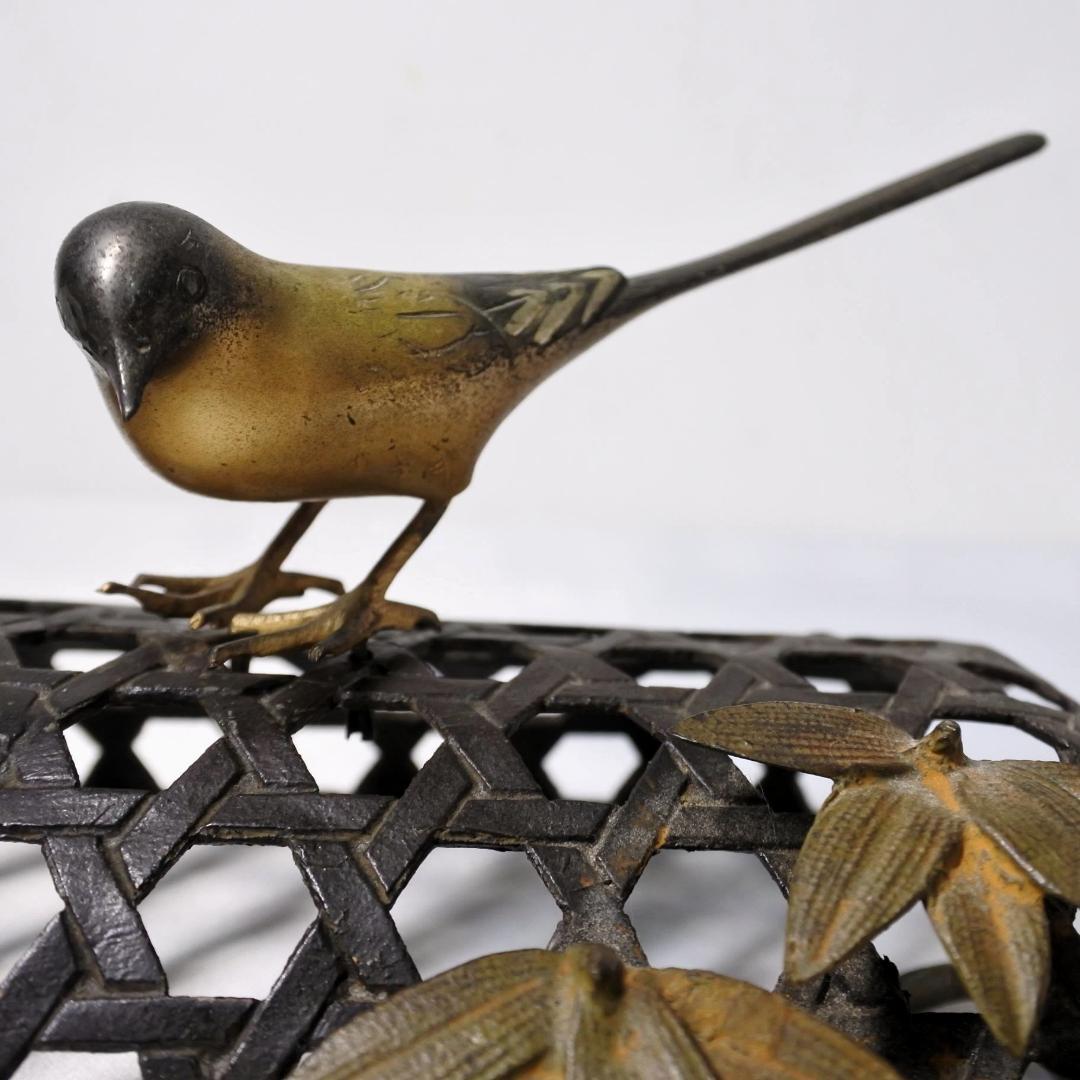 金工師 玉山銘 金属工芸 鋳銅製 蛇籠 鶺鴒 小鳥 骨董 古道具