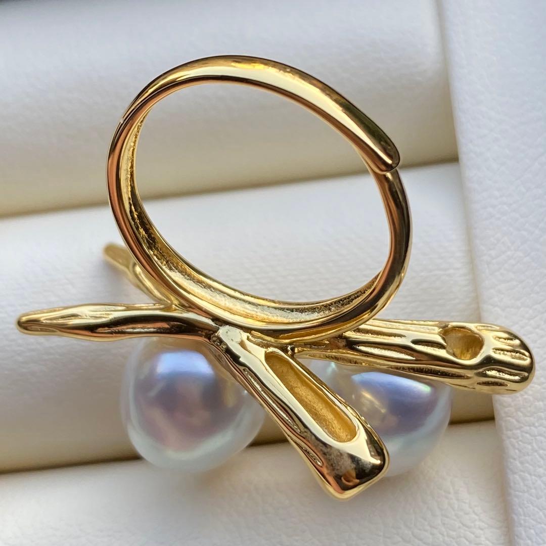 本真珠　南洋白蝶真珠ダブルリング「鳥と枝」　13.2mmホワイトL1257