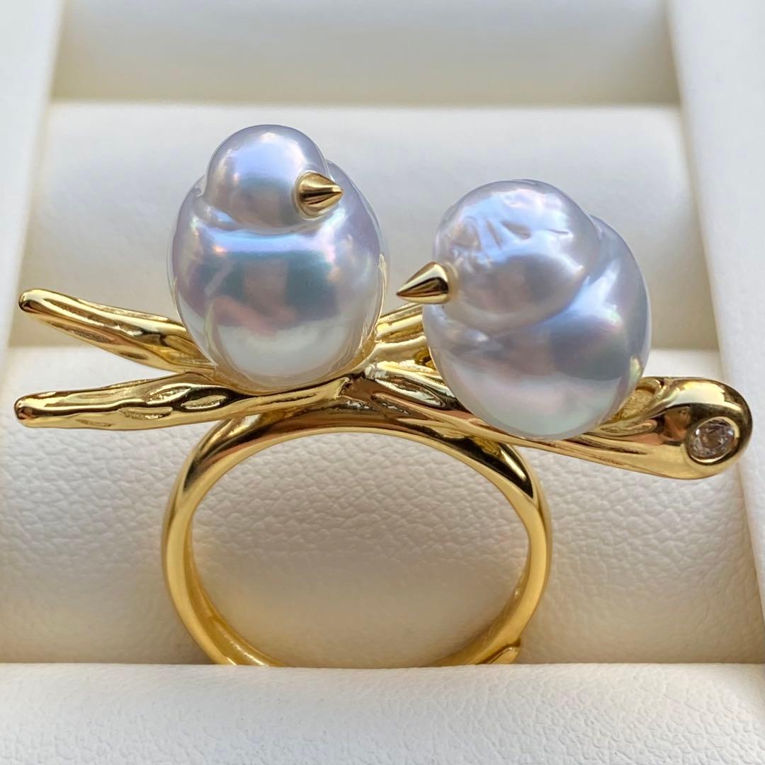 本真珠　南洋白蝶真珠ダブルリング「鳥と枝」　13.2mmホワイトL1257