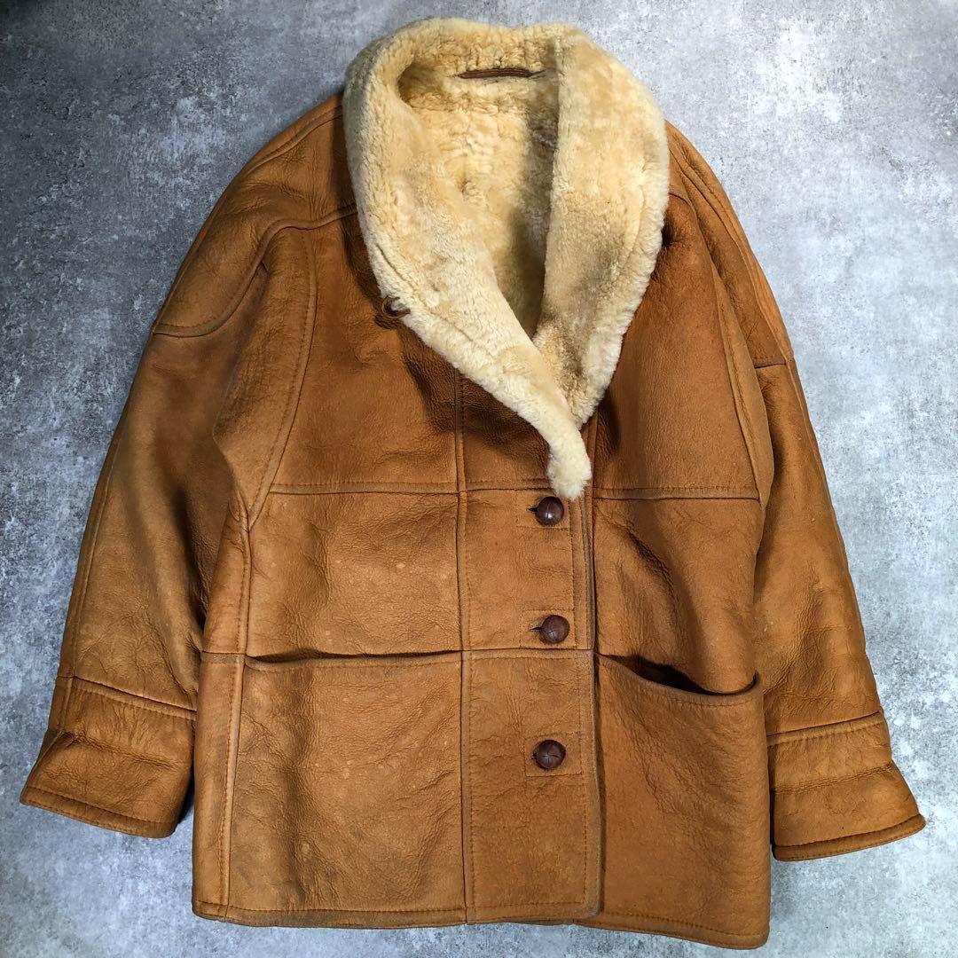 90s ムートンコート　本革　ボア　ウルグアイ製【L相当】レザーコート ブラウン