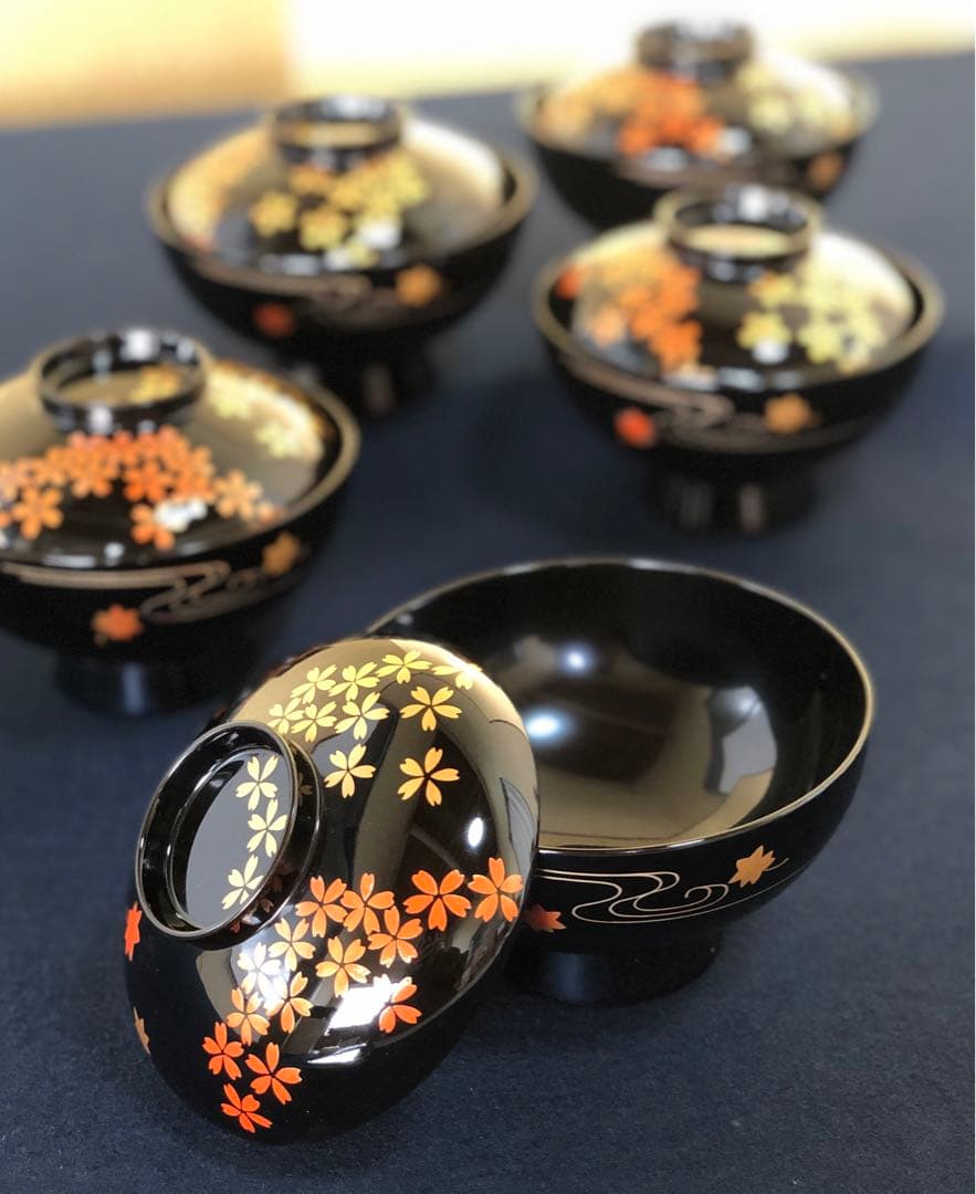 《レ》輪島塗 流水雲錦蒔絵 吸物椀5客 わじま龍作 共箱　251030う2