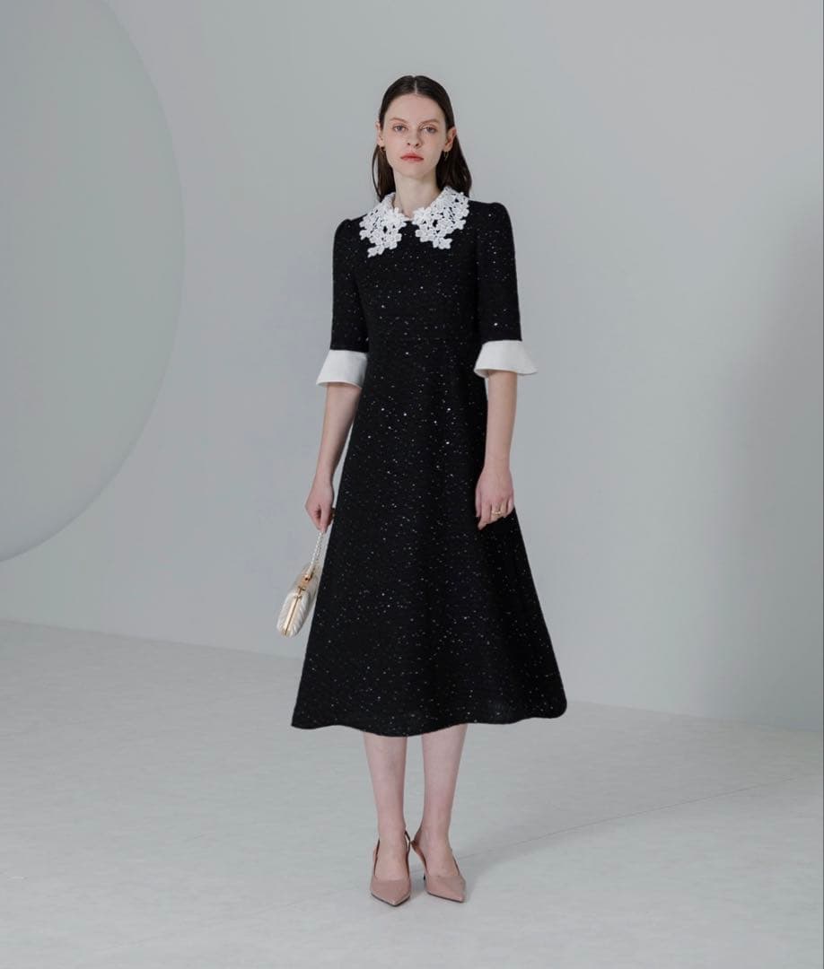 【LEJA】ドレス 花柄レースカラースパンコールAラインワンピースドレス