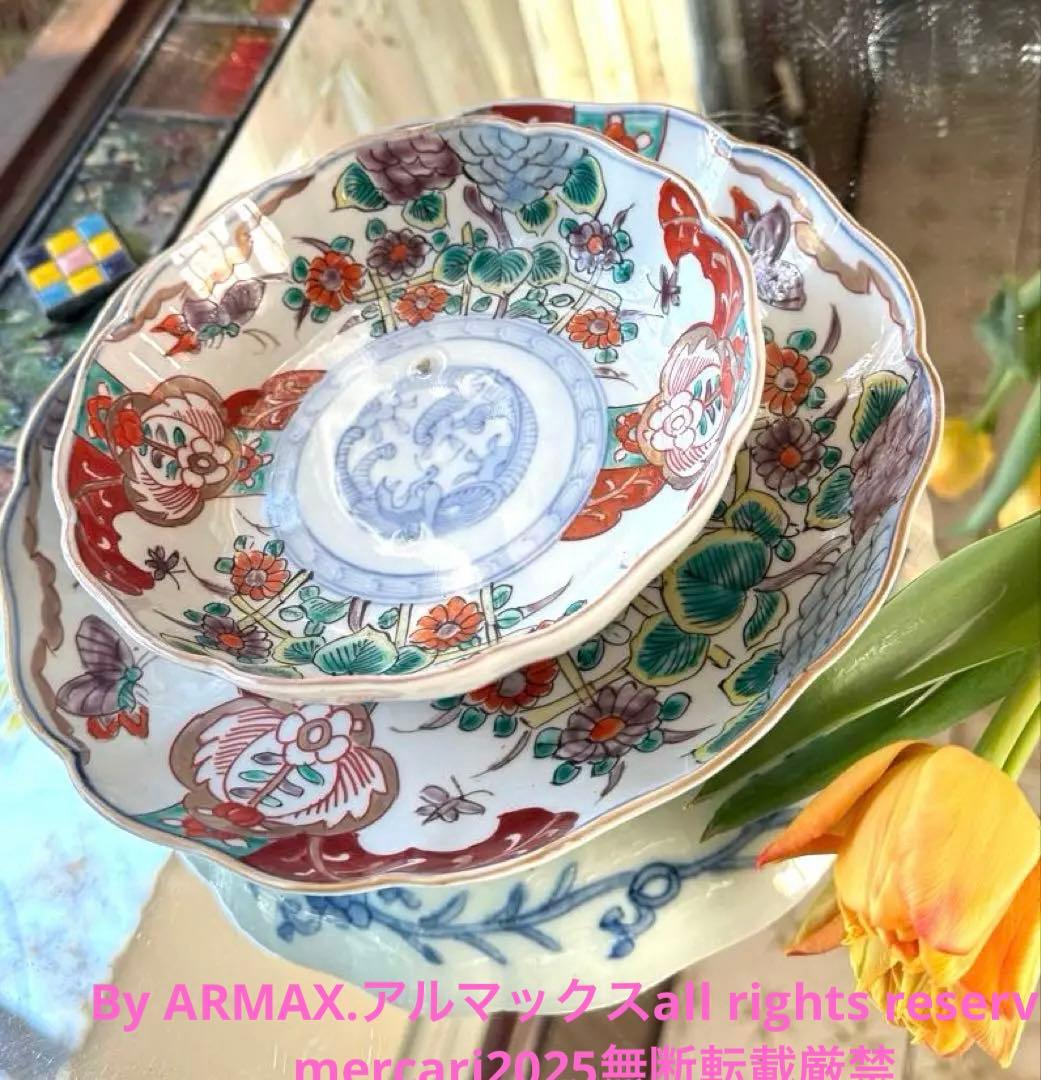 2152様感謝‼️いいとこどり‼️Dragon❌あじさい桐に蝶菊　七寸皿＆膾皿の2客