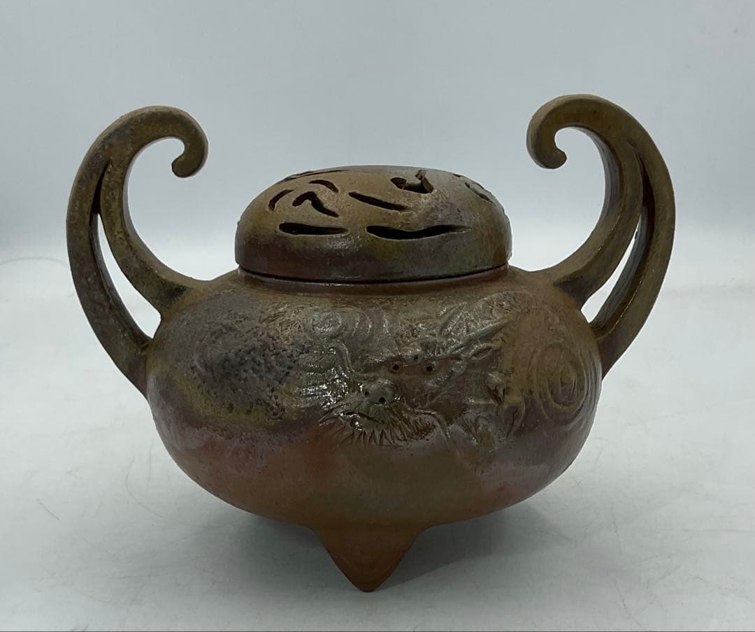 【３０】★細工物の名工・小山一草先生　備前焼龍香炉　四方桟共箱★