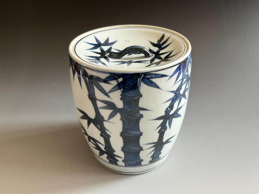 陽炎園　膳所焼　染付　竹の絵　水指　茶道具