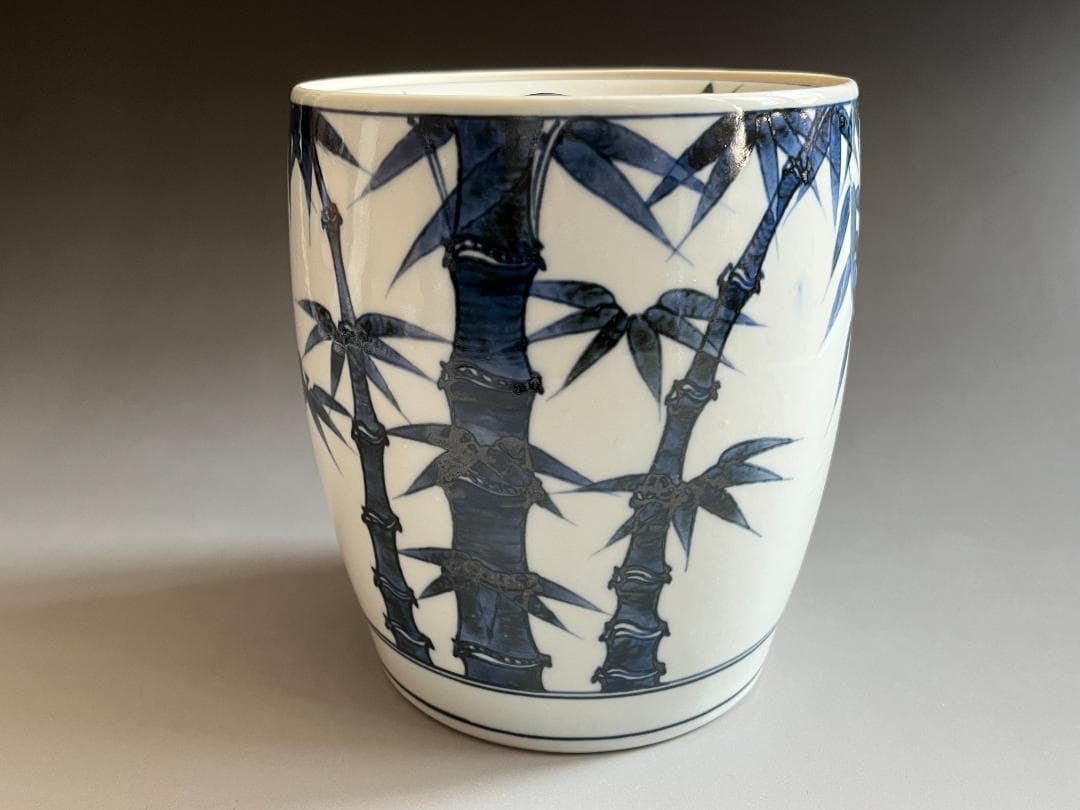 陽炎園　膳所焼　染付　竹の絵　水指　茶道具