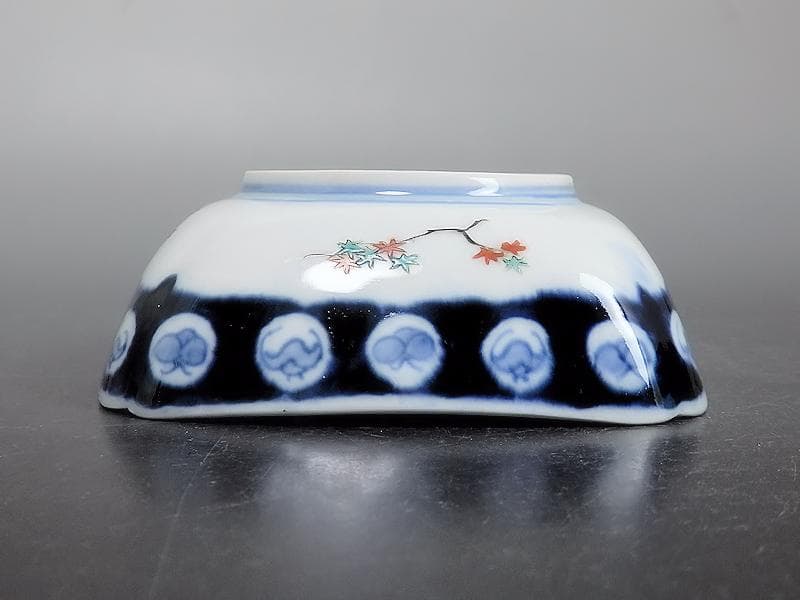 古伊万里　色絵　窓絵　花鳥紋の図　四方角皿　5客　1221AS-BFg