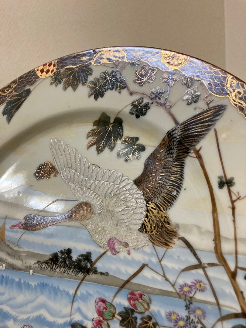 明治　手描き　夫婦雁と牡丹　大皿　2枚　縁起　時代　〈検 横濱焼　隅田焼　眞葛焼