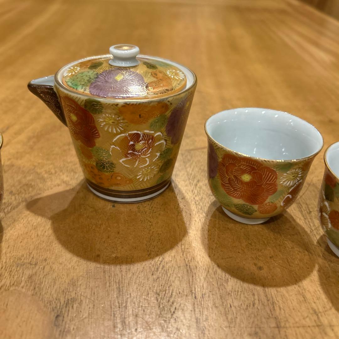 九谷焼　茶道具 小茶器（宝瓶）　手描き　豪華金花詰　急須　湯呑み揃え
