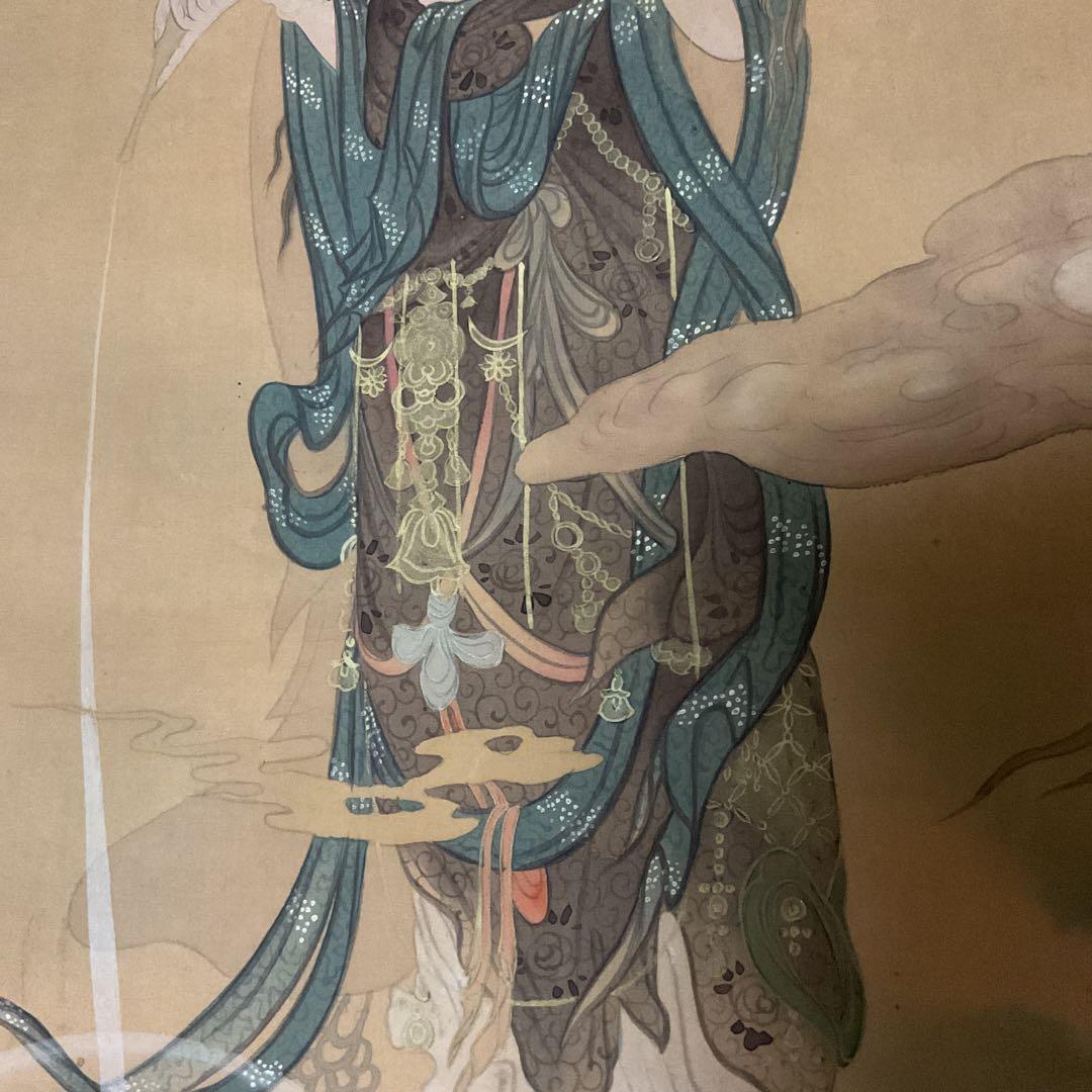 狩野芳崖 絹本彩色画 【 悲母観音図 】 未鑑定品。肉筆画 模写。落款印譜在