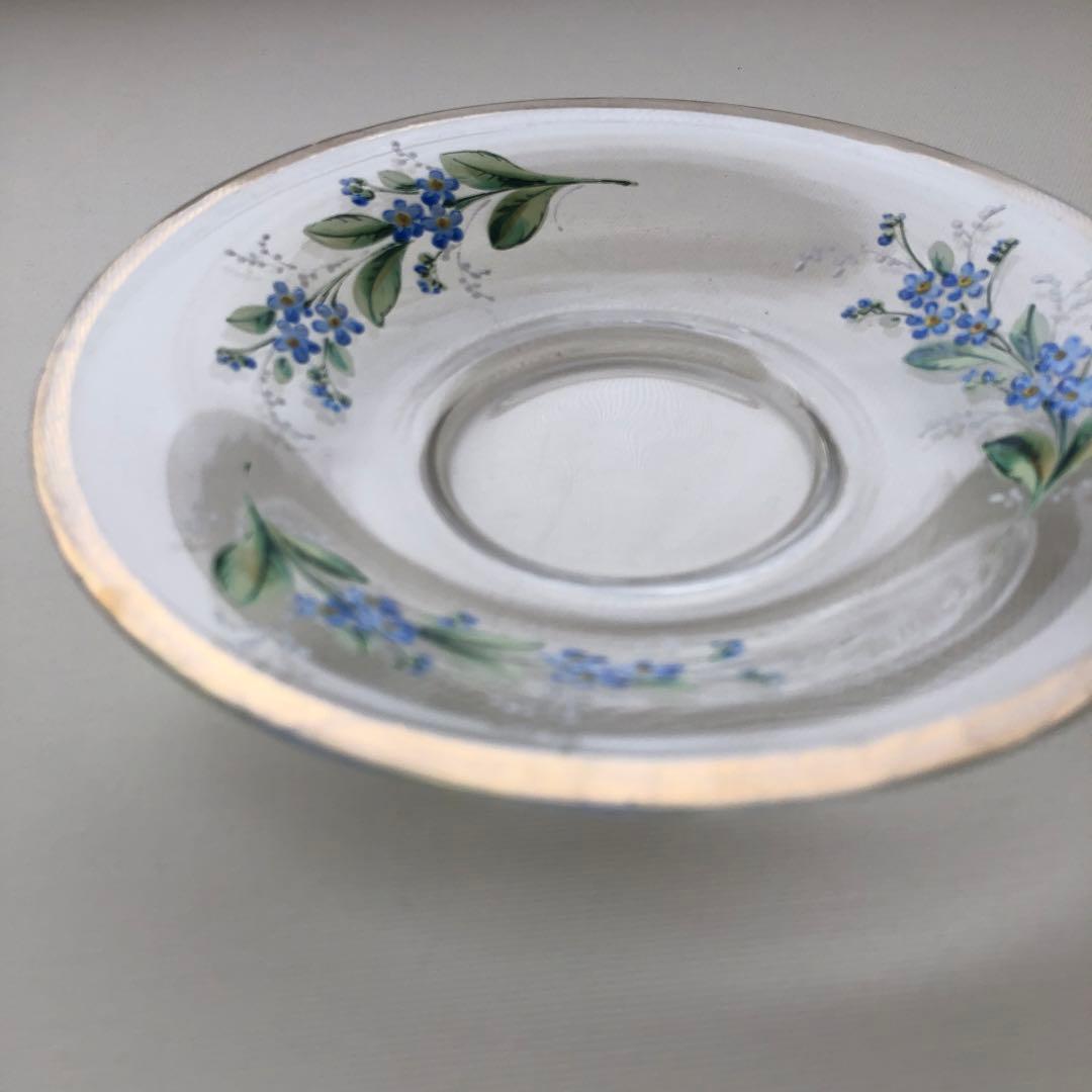 古いガラス皿　プレート　ソーサー　フランス　アンティーク　青い花　no.102